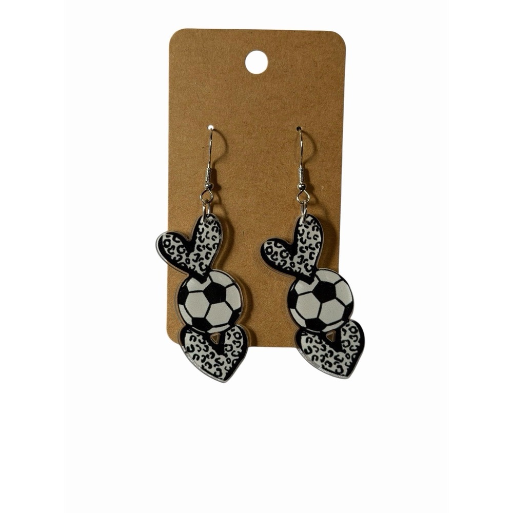 Soccer Ball Leopard Heart Dangle Earrings Black White Sports Fan Jewelry‎